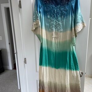 Calypso Blue and Cream Embroidered Maxi Dress